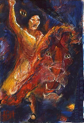 Akrylmaleri med stof - flamencodanser med løve inden jeg begyndte at male oliemalerier