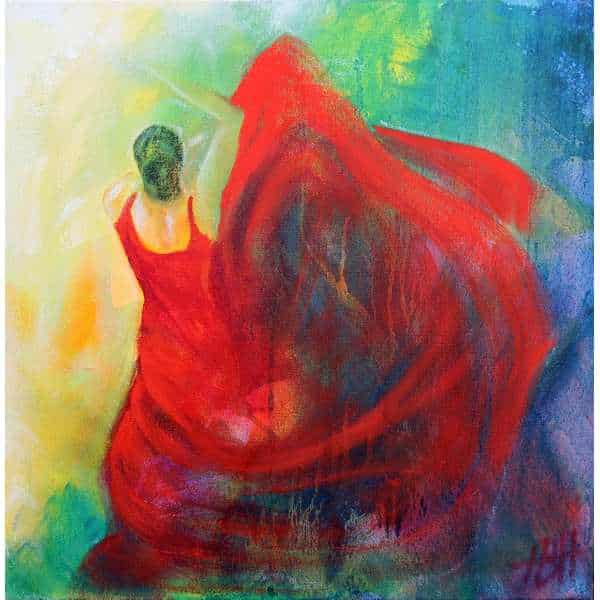 Maleri af danser i rød kjole. Danseren svinger med skørtet som en blomst