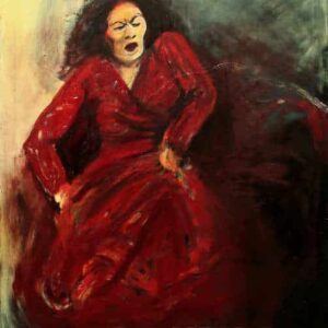 Maleri af flamencodanser med stor udstråling. Flamencodanser i moden alder og et barsk udtryk. Hun danser i en rød kjole
