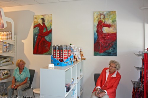Malerier på væggen hos dyrlægen. Billedkunstner udstiller i firmaer