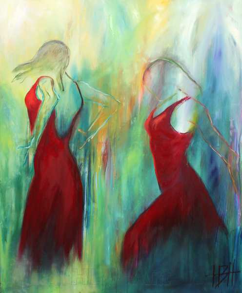 maleri af røde damer, der danser flamenco