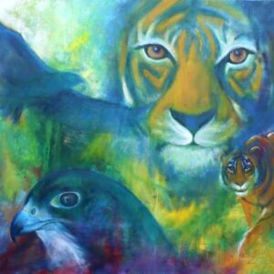 oliemaleri af tigre og ørne. De kigger lige på dig og følger dig med øjnene