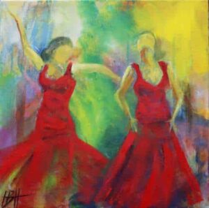 Begrænsning en illusion kunstkort - kunstkort 15 X 15 cm med print af flamenco dansemaleri af dansere i røde kjoler. Malet i olie på lærred