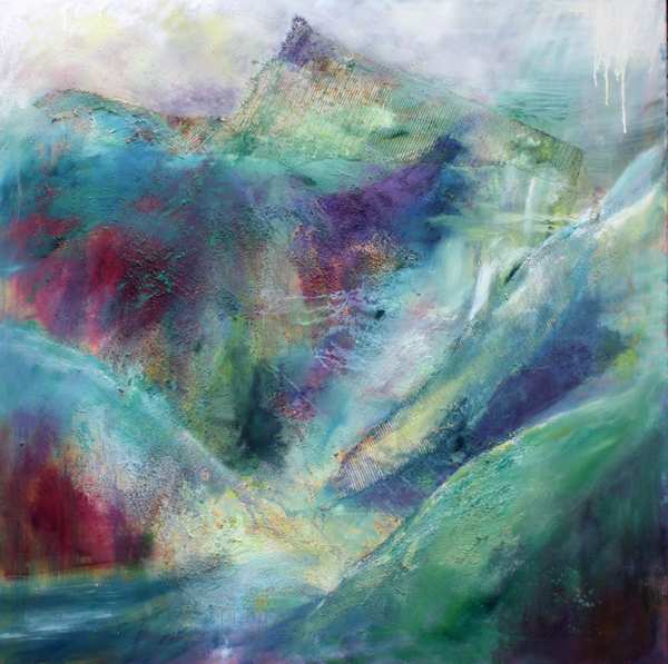 Stress af med et maleri af bjerge. Fantasi bjerglandskab inspireret af de andalusiske bjerge. Lyse blå og grønne farver med en dybde af violet