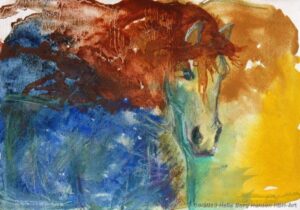 Akvarel maleri af blå hest med rødbrun man