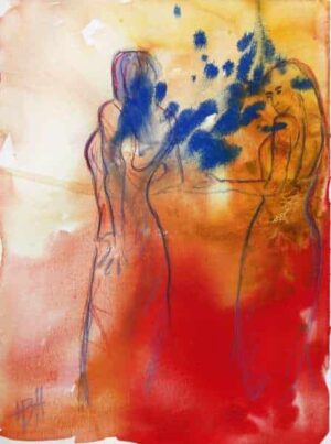 Akvarel af flamencodanseer i varme farver med blåt i