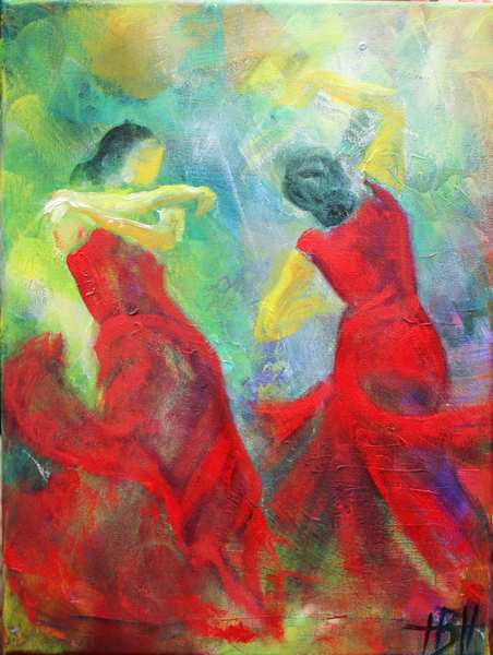 farverigt maleri af dansende kvinder i røde kjoler
