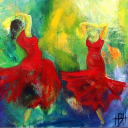 Bål-tale kunstkort kunstkort 15 X 15 cm med print af flamenco dansemaleri af dansere i røde kjoler. Malet i olie på lærred