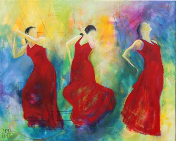 Maleri af tre flamencodansere i røde kjoler på en farverig baggrund