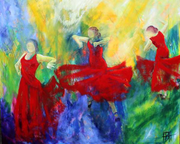 Maleri af tre dansere i røde kjoler