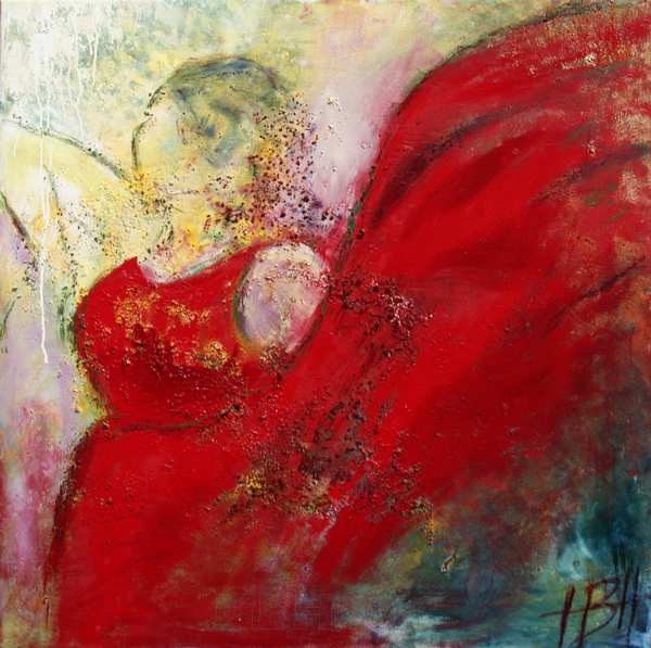maleri af danser der svinger med sin røde kjole som vinger
