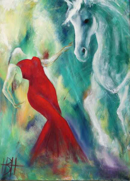 maleri af dansende kvinde og hvid hest