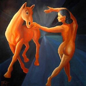Stort maleri af hest og kvinde i orange gyldne farver. De danser i et geometrisk rum med blå farver