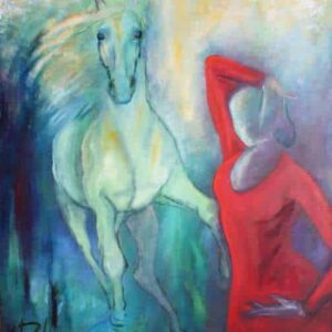 Stort maleri af flamencodanser og hest. Hesten er hvid på blå baggrund og danseren er i rød kjole