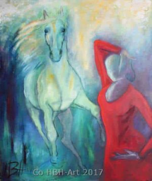 Stort maleri af flamencodanser og hest. Hesten er hvid på blå baggrund og danseren er i rød kjole