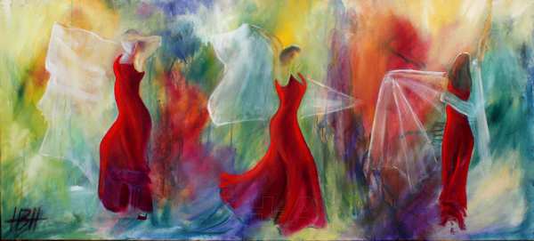 maleri af tre flamencodansere med sjal på farverig baggrund