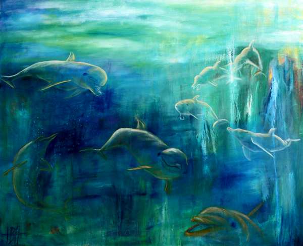 maleri af delfiner under vand i blå farver med lyset der kommer ned ovenfra