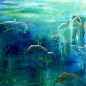 maleri af delfiner under vand i blå farver med lyset der kommer ned ovenfra
