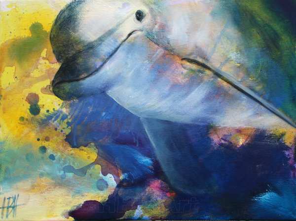 delfin maleri i olie på lærred.