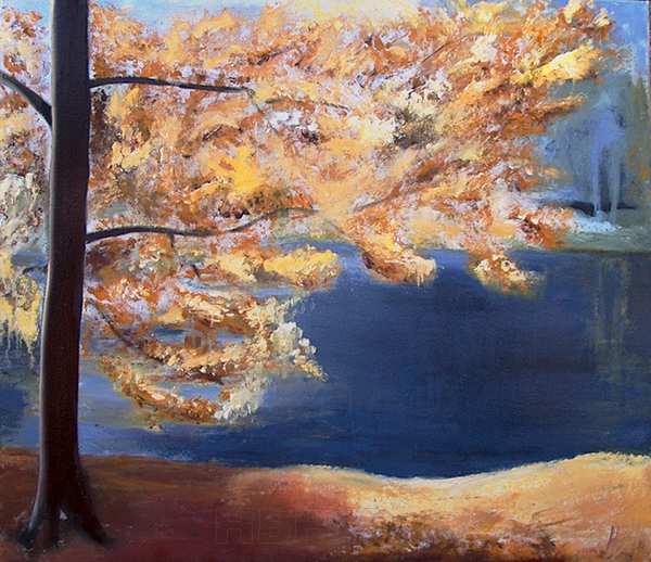 Maleri af en sø i Ganløse Ore. og et efterårdtræ. Søen har en helt speciel dybblå farve, som bare måtte males