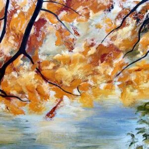 maleri i varme farver af et træ i efterårsfarver foran en sø