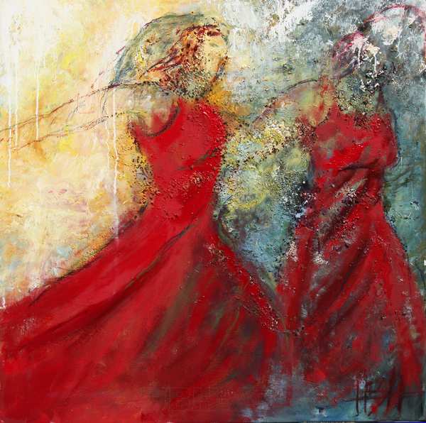 maleri i røde farver o struktur af to flamencodansere