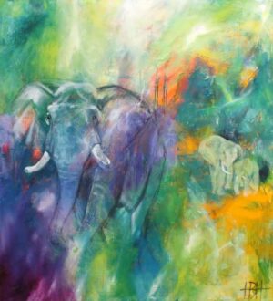 Farverigt oliemaleri af elefanter