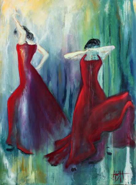maleri af røde damer på blålig baggrund
