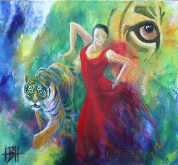 Maleri af danser og tiger og et tigerøje lige bag kvinden
