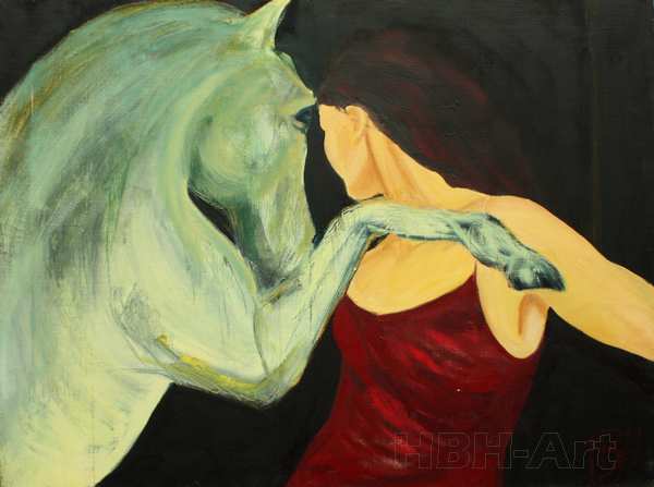 maleri af hest og kvinde med mørk baggrund
