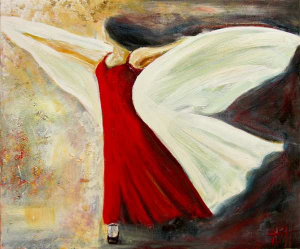 maleri af flamencodanser, der breder sit sjal ud som et par vinger