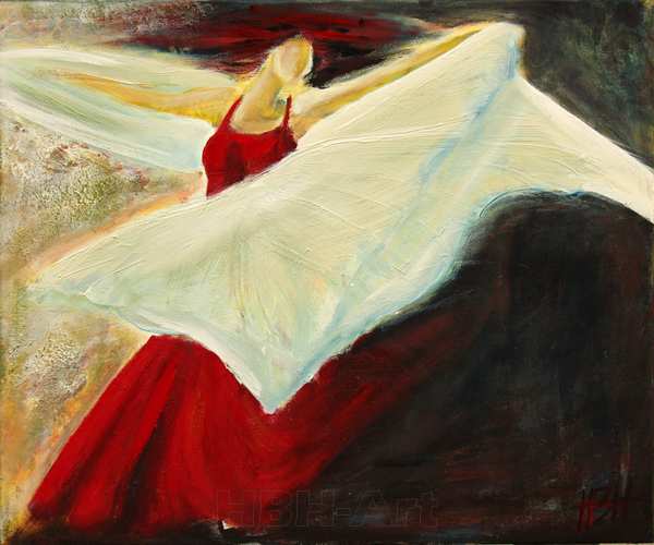 maleri af flamencodanser med sjal i bevægelse