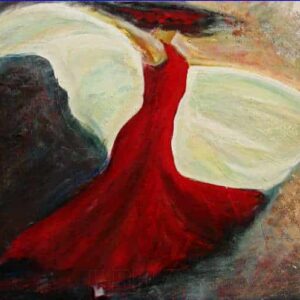 Maleri af flamencodanser med sjal midt i en vuelta