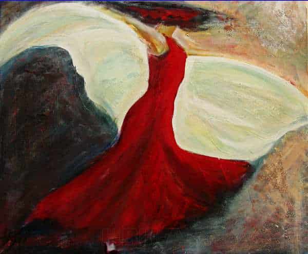 Maleri af flamencodanser med sjal midt i en vuelta