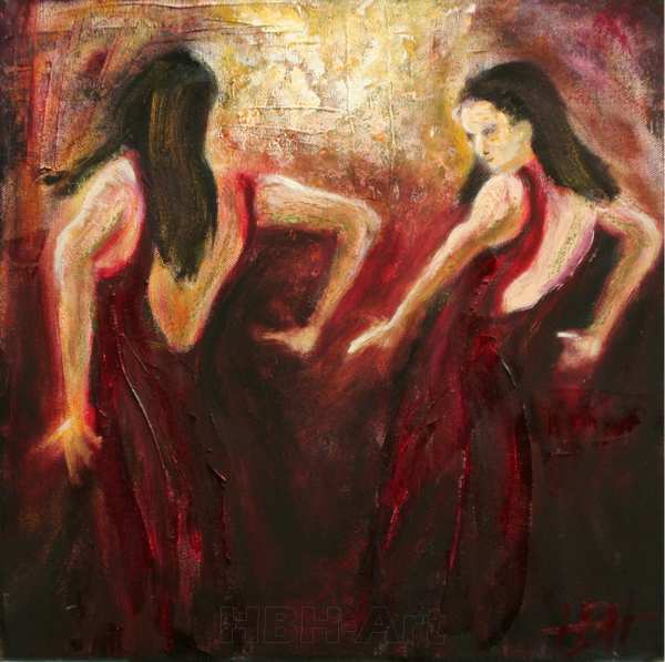 lille maleri af flamencodansere. Hun danser med sit spejlbillede