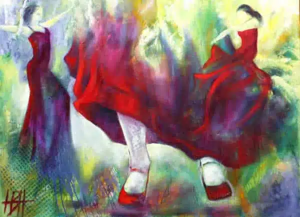olie maleri af dansende flamencofødder. To flamencodansere ved siden af