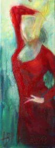 Smalt maleri af flamencodanser i rød kjole i højformat. Passer på en smal væg