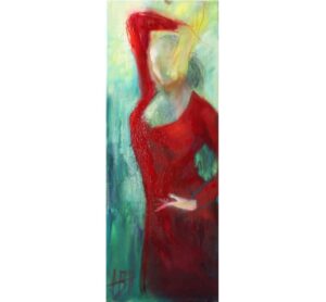 Smalt maleri af flamencodanser i rød kjole i højformat. Passer på en smal væg