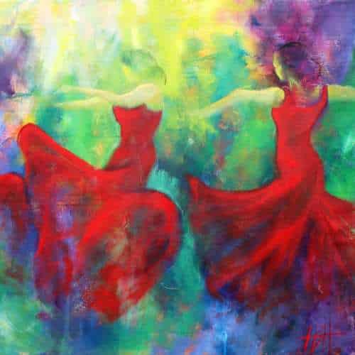 kunstkort 15 X 15 cm med print af flamenco dansemaleri af dansere i røde kjoler. Malet i olie på lærred
