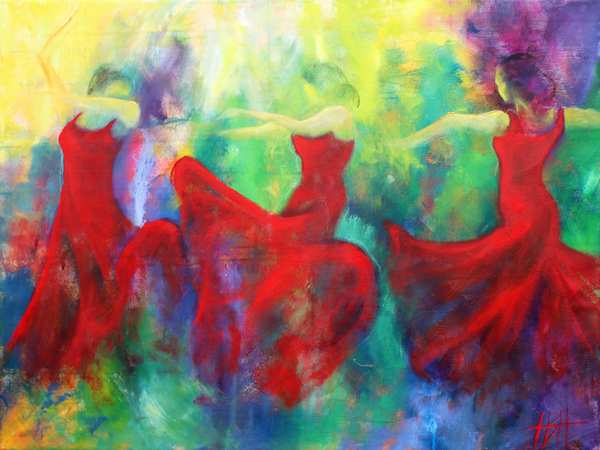 maleri af dansende kvinder i røde kjoler på farverig baggrund