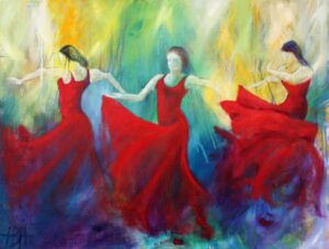 farverigt maleri af tre flamencodansere