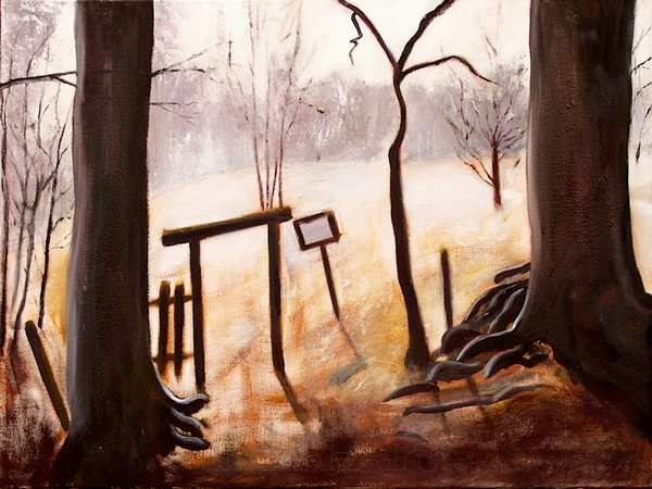 Naturmaleri af det skarpe tidlige forårslys som stærk kontrast til de mørke stammer. Motivet er fra Ganløse Ore