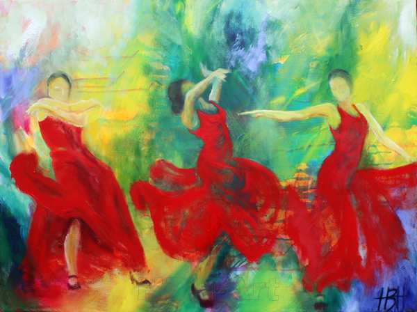 Flamenco dansemaleri af tre kvinder i røde kjoler. De er fyldt med temperament og bevægelse