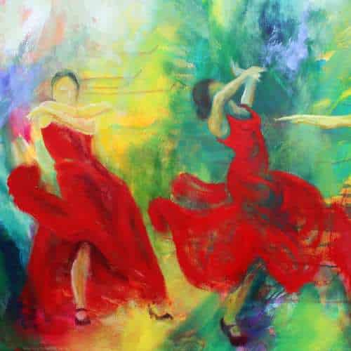 kunstkort 15 X 15 cm med print af flamenco dansemaleri Forløsning af dansere i røde kjoler. Malet i olie på lærredForløsning kunstkort