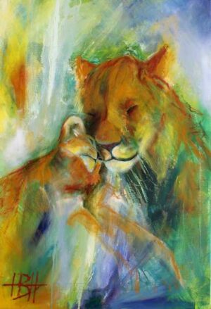 maleri af løve og unge - moderkærlighed
