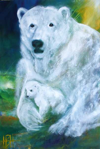 Maleri af isbjørn med unde mellem forpoterne