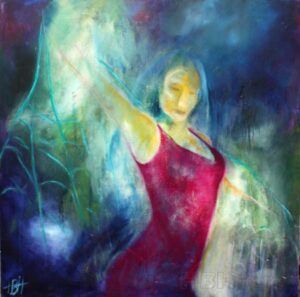 maleri af flamencodanser i blå farver. Hun svinger et sjal af lys omkring sig og den violette kjole