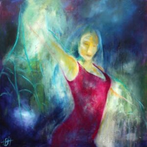 maleri af flamencodanser i blå farver. Hun svinger et sjal af lys omkring sig og den violette kjole