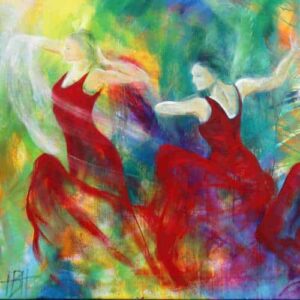 kunstkort 15 X 15 cm med print af flamenco dansemaleri Fuego af dansere i røde kjoler. Malet i olie på lærred