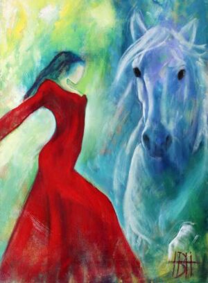 Maleri af dansende kvinde og hest